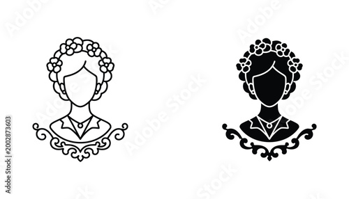 Woman wearing floral head wreath vector icon set with outline and solid black silhouettes for beauty and feminine branding graphic design