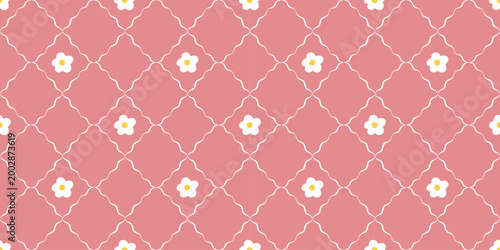 Pastel gingham flower and plaid pattern with seamless spring daisy. Check for cute checkered springtime background tiny mini retro floral. Daisies on pink square print through summertime.