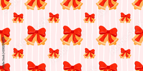 Checkered gingham line pattern with merry christmas bell and bow. Festive design bells jingle through repeat loop of doorbell. Stripe bg element for seamless vector striped toy graphic.