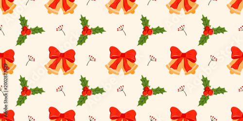 Bg jingle bells and bow for festive christmas cover. Vector merry bell pattern with seamless pink repeat and doorbell. Details for traditional gingham checkered classic design holly star.