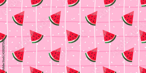 Background seamless bg illustration with seed and melon pattern. Watermelon berry and hand motifs in green and pink. Simple colorful design through summertime stripes and tropical textures.
