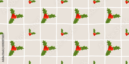 Holly seamless checkered line gingham christmas pattern with floral. Mistletoe and winter striped leaves for wallpaper design. Vector illustration of nature and tree motifs features.