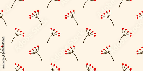 Seamless branch berry christmas pattern for festive card design. Vector rowan elements on cover bg organic garden motif. Features bright red berries and natural leaves.