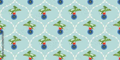 Bg pattern vector for seamless christmas design with pine tree. Christmas toy motifs cover and branch elements in red. Icy tones plus mistletoe and vintage wreath details fir and holly.