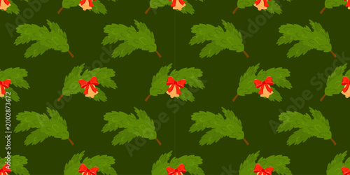 Christmas pine vector branch tree seamless pattern for christmas toy. Bg cover with winter green holly xmas bows bell repeat. Drawing red background print through vintage spruce line design.