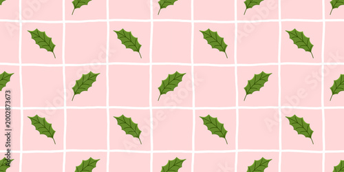 Seamless winter gingham line pattern for christmas with floral checkered. Mistletoe and holly elements beautiful nature texture in cute motif. Ribbon and xmas bg vector green modern.