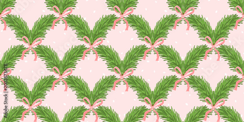 Bg christmas toy pine branch seamless pattern for festive. Cover design vector tree christmas holly holiday winter illustration. Wreath green xmas backdrop and ornament details pattern.