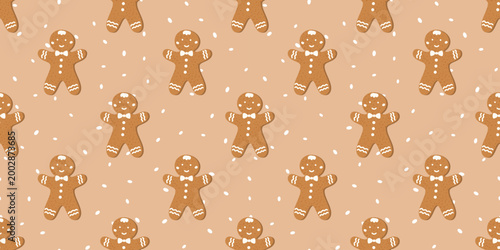 Christmas background vector bg with hohoho cover texture and snowman. Snowflake pink new year elements seamless pattern design. Cookie and gingerbread biscuit motifs with repeat print.