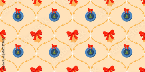 Cover pattern vector with classic bow and merry christmas greeting. Festive bg jingle bells and golden bell alongside. Seamless arrangement of poinsettia ornament and winter element.