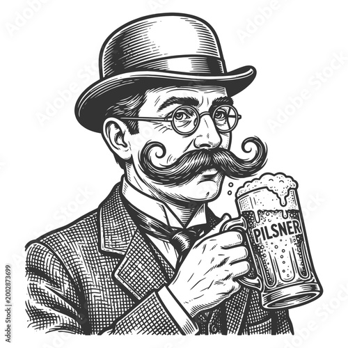 vintage gentleman with curled mustache, bowler hat, glasses, and foamy pilsner beer mug sketch engraving generative ai fictional character vector illustration. Scratch board. Black and white image.