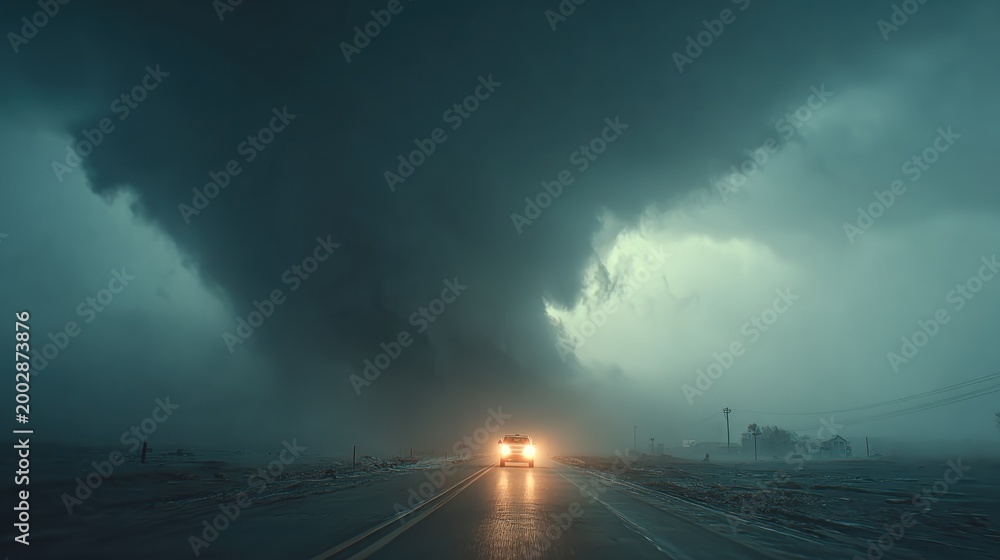 Obraz premium A vehicle driving towards a large, ominous tornado in a desolate landscape