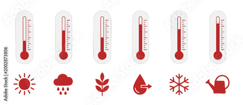 Thermometer Icons with Weather Symbols Set for Gardening and Climate Control Infographics, Flat Red Measurement Scale Design, Temperature Indicators for Agricultural and Meteorological Data Analysis
