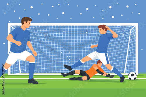 Professional soccer players competing for the ball during an intense football match in a stadium.