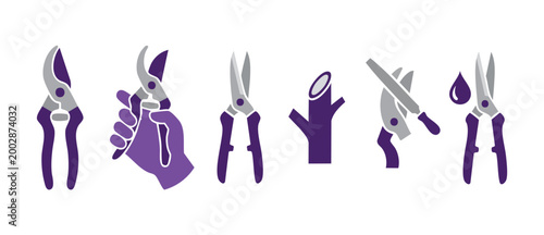 Garden Pruning Shears Icon Set - Gardening Tool Silhouette Collection for Horticulture Maintenance, Trimming Plants, Tree Branch Cutting, Professional Landscaping Equipment Design, Minimalist Vector G