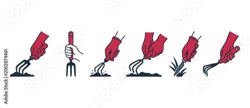 Gardening tools hand icons set with red gloves and rake. Planting, digging, and soil cultivation linear vector illustrations for landscaping, farming, horticulture, and sustainable home garden design.