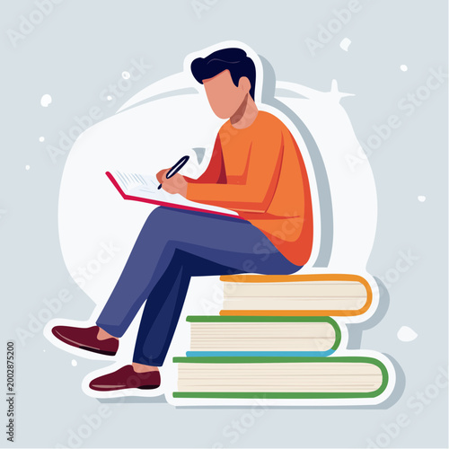 Student sitting on books writing
