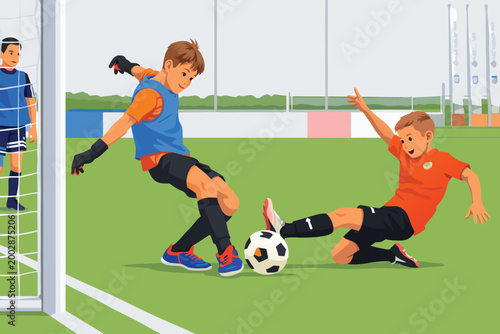 Professional soccer players tackling and kicking the ball during a competitive match on a grass field.