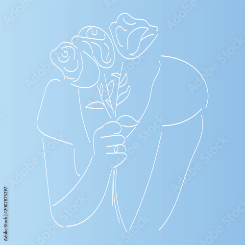 Elegant continuous line art of woman holding rose bouquet on soft blue background. Minimalist white outline drawing. Perfect for Valentine's Day, romance, beauty and feminine design projects.
