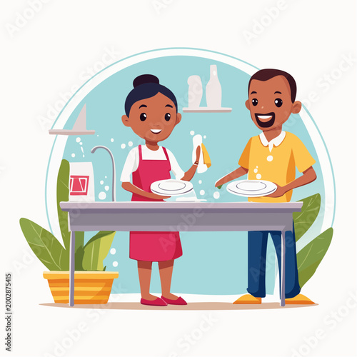 Couple washing dishes together