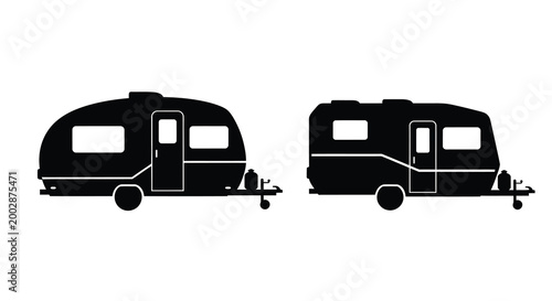 Two travel trailers silhouette against a white background silhouette