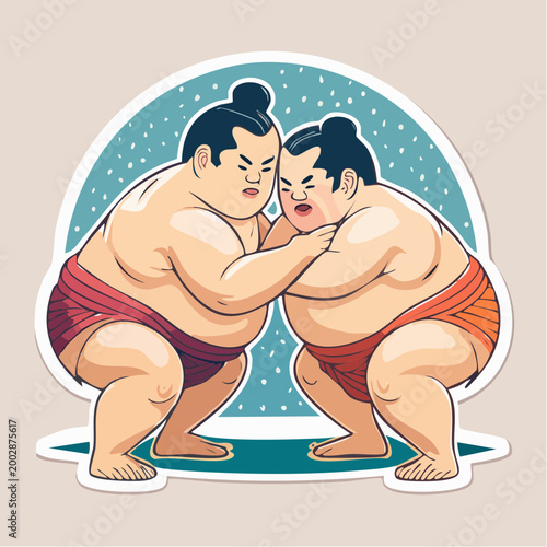 Two Sumo Wrestlers Grappling in a Match