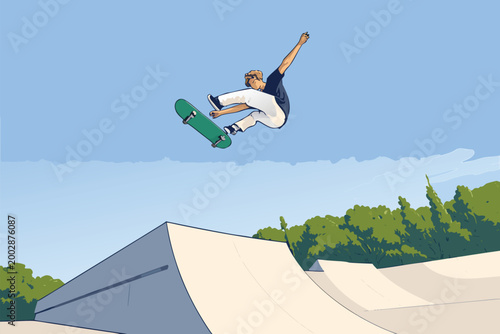 Skateboarder performing a high air trick jump over a ramp in a modern urban skate park.