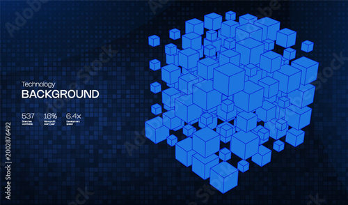 Abstract vector cube for 3d geometric design element and background technology block. Concept blue box for illustration network business and digital futuristic big data. Abstract ai blockchain.