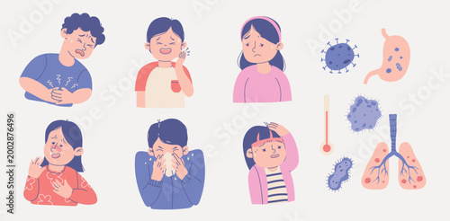 Hand-Drawn Sick Children Collection with Vomiting Symptoms and Stomach Virus