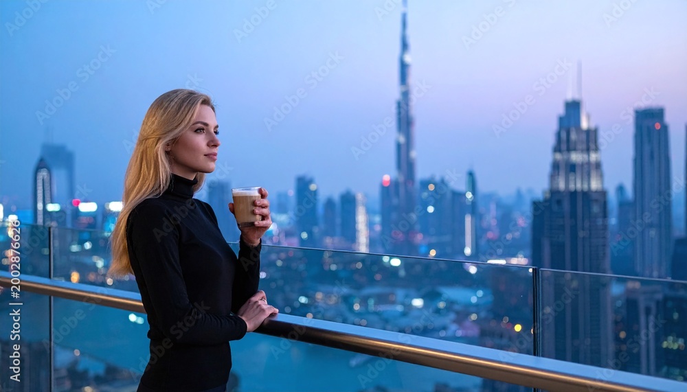 Naklejka premium Sophisticated woman enjoys coffee on a luxury rooftop, overlooking a vibrant city skyline at twilight. Ideal for travel, business, and modern lifestyle concepts in global marketing.