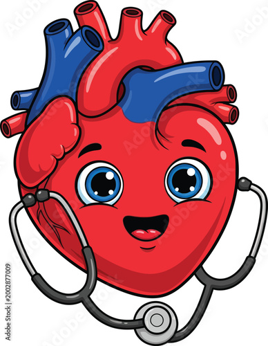 Cute Cartoon Human Heart Character Wearing a Stethoscope for Medical Illustration.