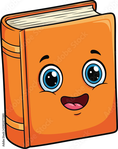 Cute Cartoon Orange Book Character with Happy Smiling Face.