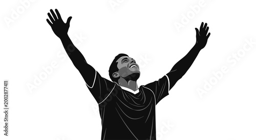 Man with arms raised in triumph.