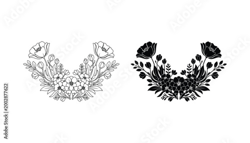 Floral arrangement with poppies and leaves illustration alongside decorative silhouette vector graphic