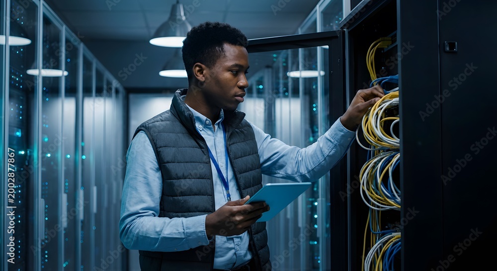 Fototapeta premium Young technician maintaining network infrastructure and checking server cables with a digital tablet in data center