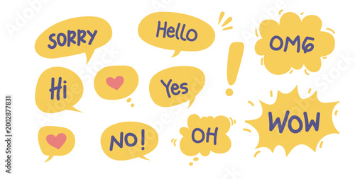 Cute Hand-Drawn Yellow Speech Bubbles with Expressive Text and Hearts Vector Set
