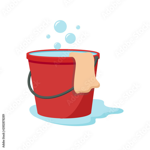 Bucket of water with washing rag. Clean home equipment.