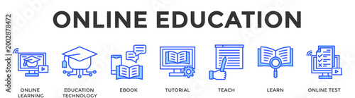Online Education  Banner Web  Icon Set Collection Pack Vector Illustration Concept Containing Online Learning, Education Technology, Ebook, Tutorial, Teach, Learn, Online Test