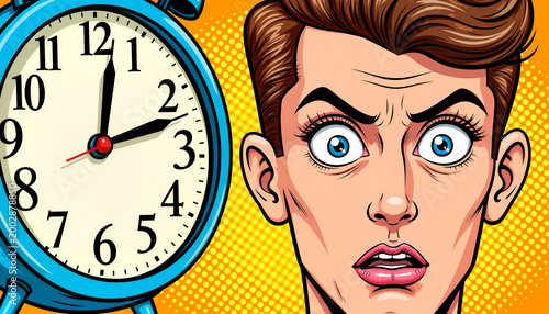 A worried face stares at a large clock, stressed by the lack of time, Comic Pop Art