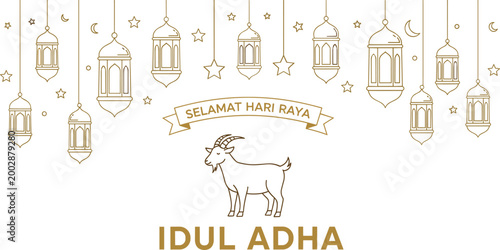 Idul Adha greeting card design with hanging lanterns, crescent moon, stars, and goat illustration in elegant Islamic festive line art style
