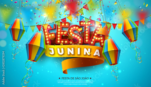 Festa Junina Celebration Banner Illustration with Light Bulb Billboard Typography Lettering, Paper Lantern and Party Flag on Blue Background. Vector Brazil June Sao Joao Festival Design Template for