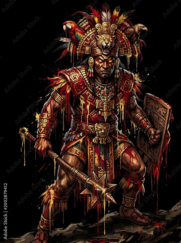 Fototapeta premium Aztec warrior with feathered headdress and macuahuitl weapon.