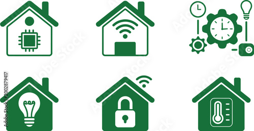 Smart home technology illustration with security monitoring, energy efficiency control, and home automation systems, connected smart devices, digital interface panels, and futuristic house concept