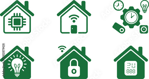 Smart home technology vector illustration showing automated home systems, security cameras, energy management controls