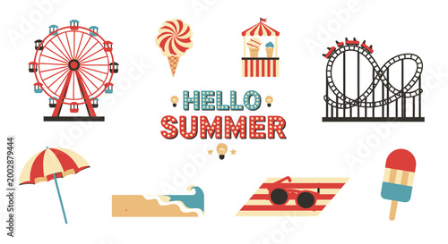 Vintage summer amusement park and beach icons collection