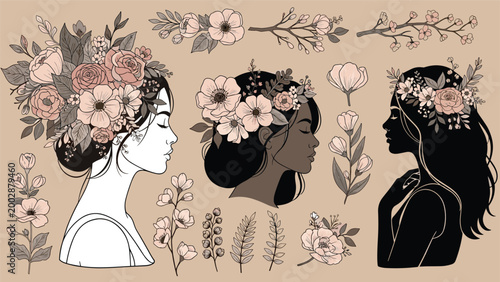 Beautiful silhouettes and profiles of women with their hair adorned with intricate floral arrangements and botanical illustrations.