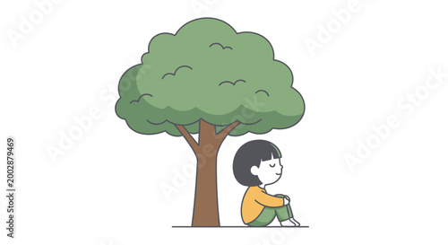 cartoon child sitting under tree.
