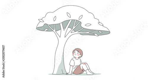 Little girl sitting under tree.