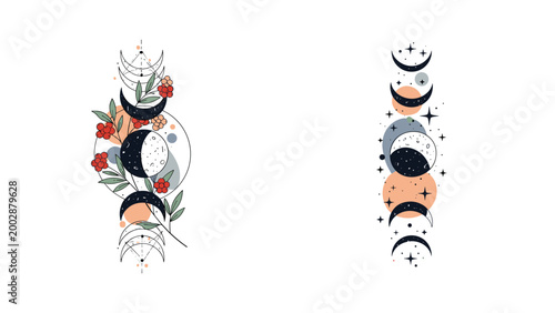 Vertical mystical designs featuring moon phases, twinkling stars, and vibrant flowers combined with geometric and abstract elements.
