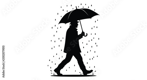 Man walking with umbrella in rain black silhouette