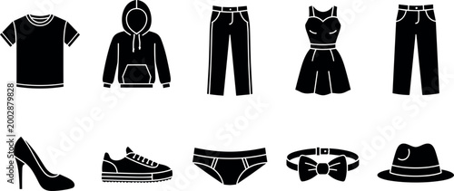 Fashion clothing icons set with t shirt hoodie dress pants shoes hat and accessories silhouettes for apparel design collection